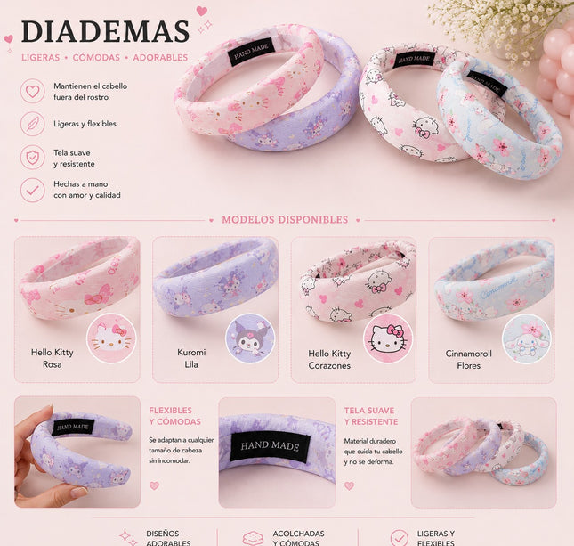 Exclusivo Tienda en linea 💥💎 12 Diademas Sanrio Gruesas Estampadas $6.5 c/u