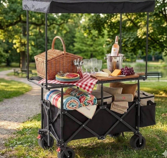 Carrito Utilitario Plegable de Doble Nivel con Toldo Protector y Mesa