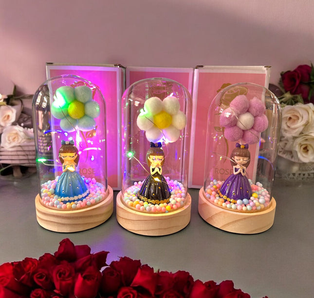 2 Muñeca Princesa con Flor y Luz en Cristal $89 c/u