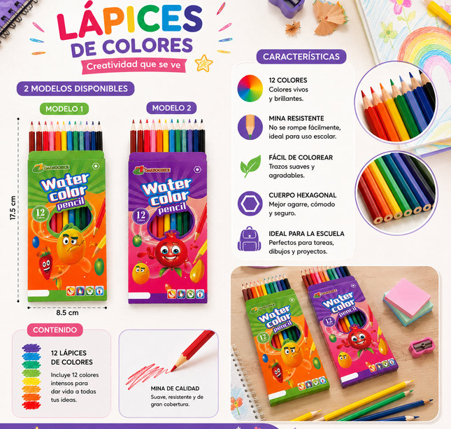 Exclusivo Tienda en linea 💥💎12 Lapices de Colores de Madera "Frutitas" $3.9 c/u
