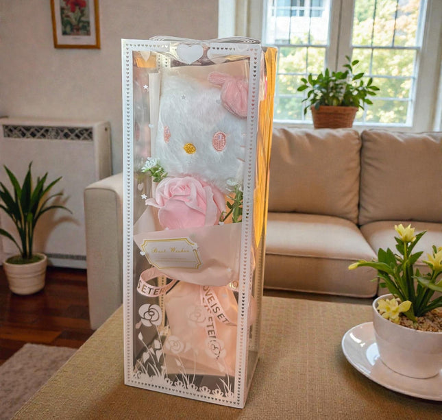 Ramo de una Rosa y Kitty de Peluche en Caja de Regalo