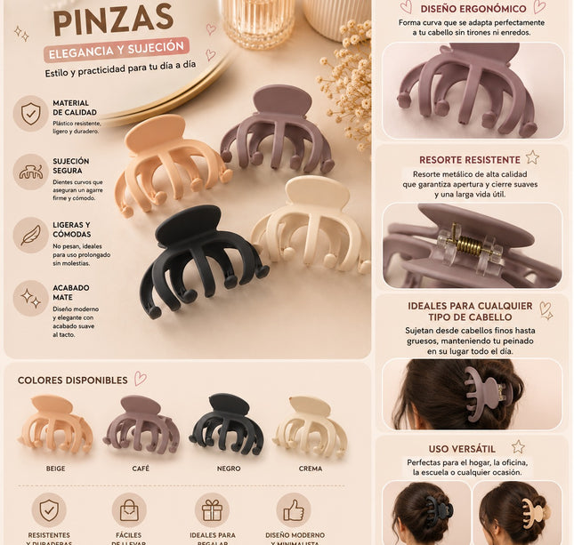 12 Pinzas Grandes Matte para Cabello $9.5 c/u