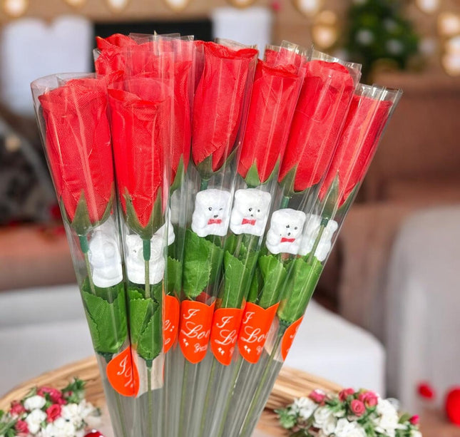 12 Rosas Individuales con Osito $3.9 c/u