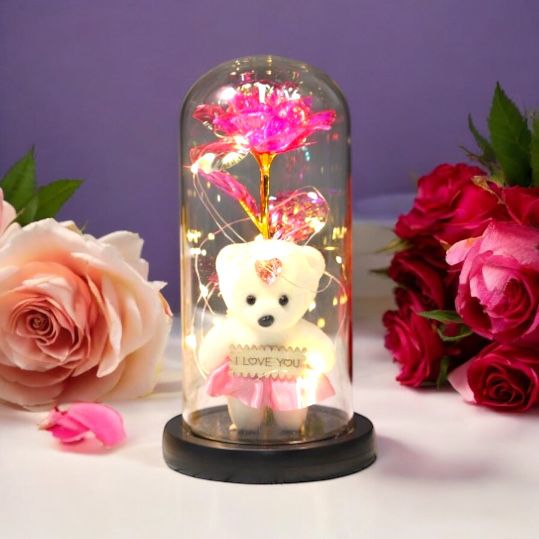 2 Flor Eterna con Luz y Oso "Te Amo" $145 c/u