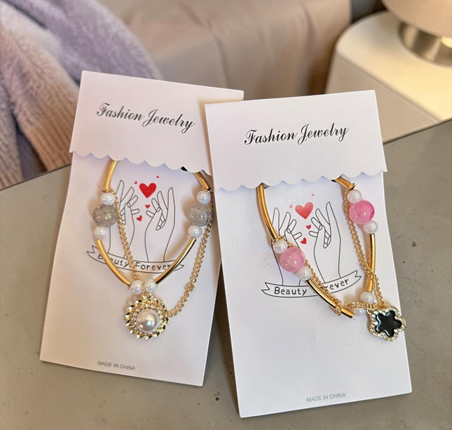 12 Pulseras Dobles  Doradas Dije con Perlas $6.8 c/u