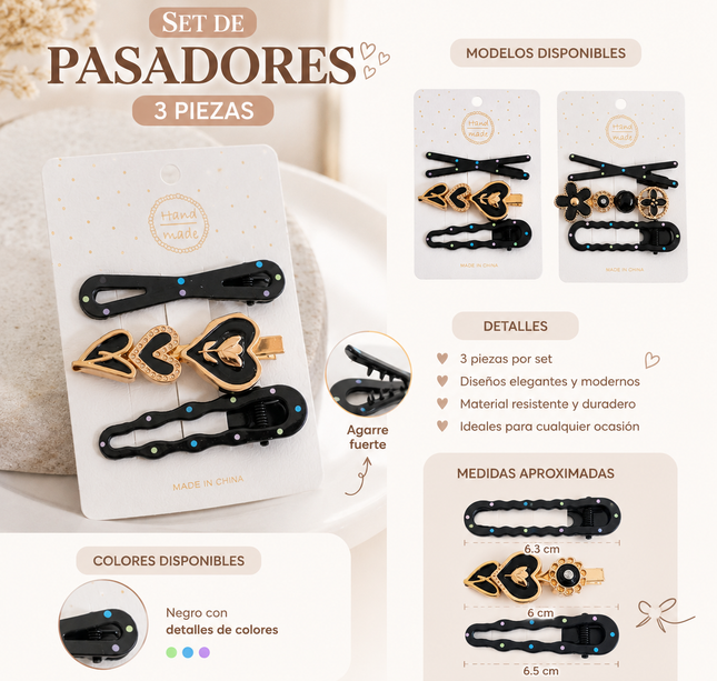 12 Trios de Pasadores Moda y Pedreia Hermosa $11.5 c/u
