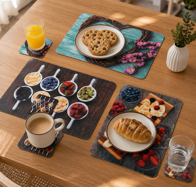 3 Paquete con 6 Manteles y Posavasos Plastificados Decorado $29 c/u