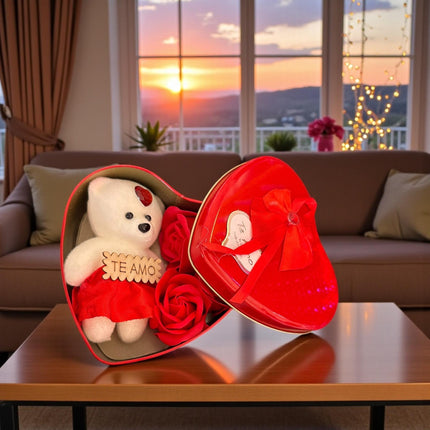 Caja Corazón Metalica con Osito y 3 Rosas de Jabón
