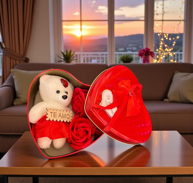 Caja Corazón Metalica con Osito y 3 Rosas de Jabón