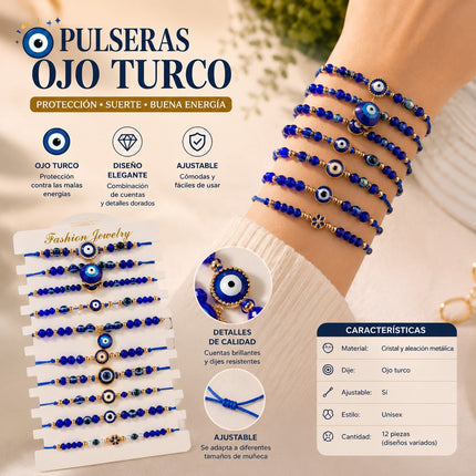 12 Pulseras Ojo Turco Ajustables $6.65 c/u