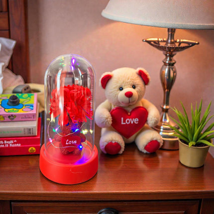 Flor Eterna con Luz de Hada y Osito Diamantado