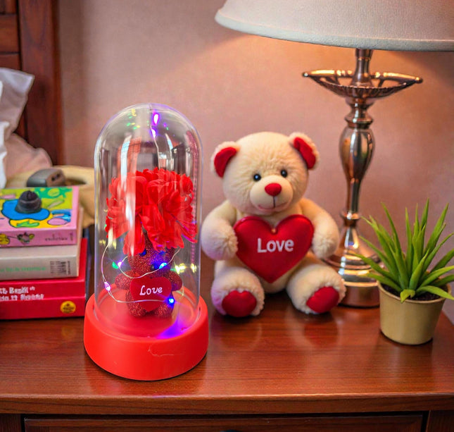 Flor Eterna con Luz de Hada y Osito Diamantado