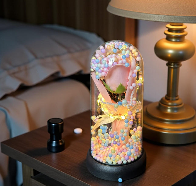 Rosa Encapsulada con Luces y  Bolitas de Colores