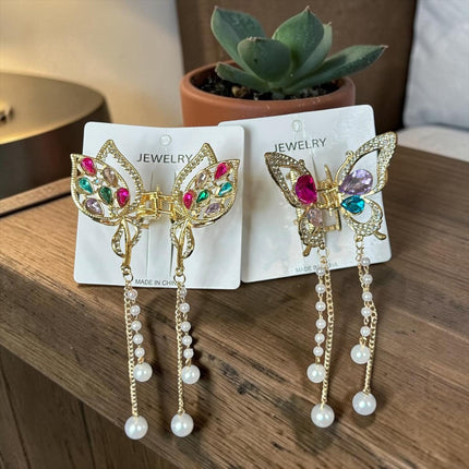 6 Pinzas Mariposas Premium con Pedreria y Perlas $22 c/u