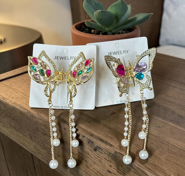6 Pinzas Mariposas Premium con Pedreria y Perlas $22 c/u