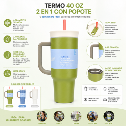 Exclusivo Tienda en linea 💥💎Termo Vaso para Agua 40oz con Popote y Agarradera