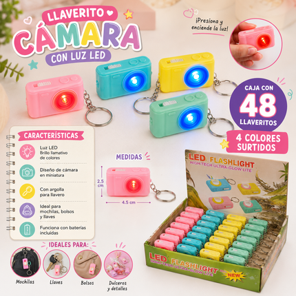 48 Llaveros Camara con Luz Led Colores $3.9 c/u