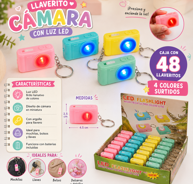 48 Llaveros Camara con Luz Led Colores $3.9 c/u