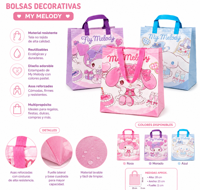 12 Bolsas reutilizable diseños Sanrio $6.3 c/u
