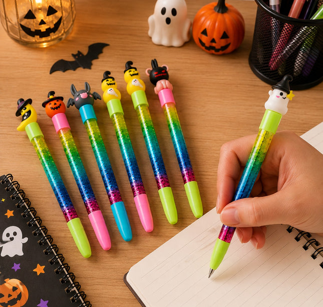 12 Lapiceros Gel Halloween con Brillos y Figura 3D $6.5 c/u