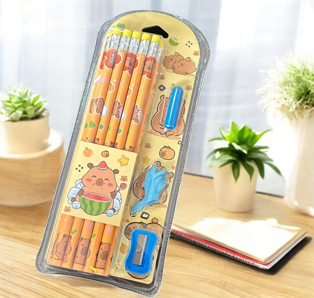 6 Sets Escolares Capibaras Lapices, Sacapuntas, Gomas $30 c/u