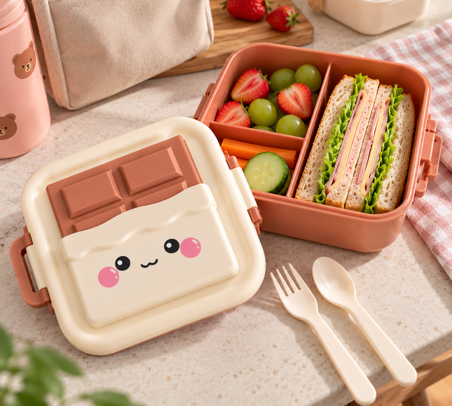 Lonchera Infantil "Chocolate" con Cuchara y Tenedor