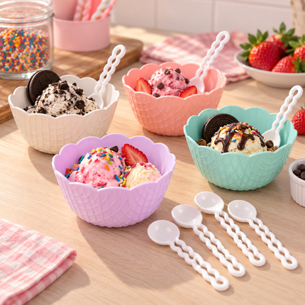 Exclusivo Tienda en linea 💥💎3 Set de 4 Platitos tipo cono para helado de Plastico con Cucharitas $29 c/u