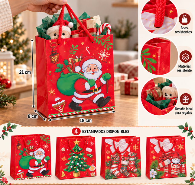 12 Bolsas para Regalo con Diseño Navidad $6.5 c/u