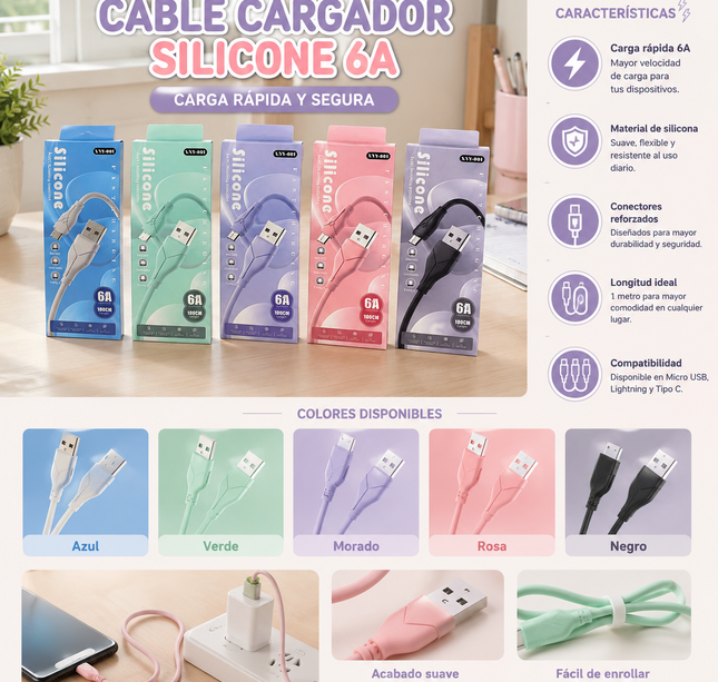 6 Cable Cargador Colores Tipo C $19 c/u