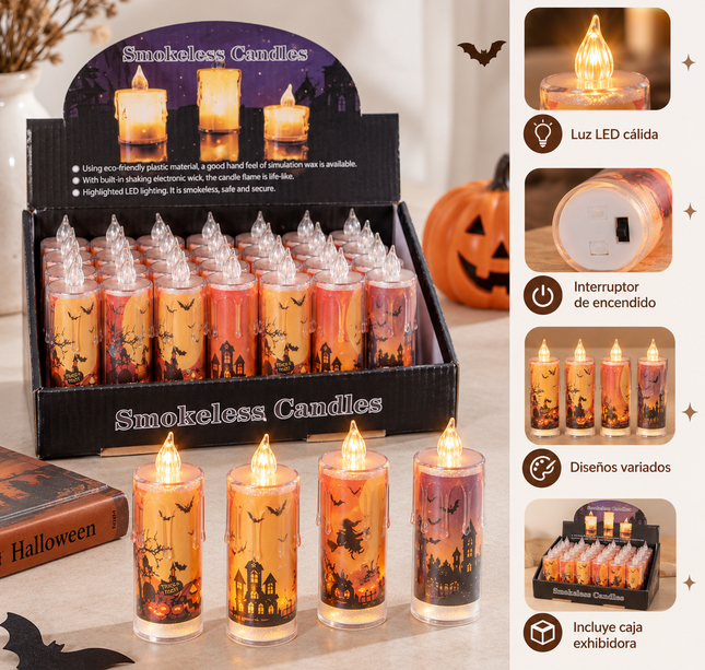 12 Velas Halloween Diamantadas con Decorado Led G $16.9 c/u