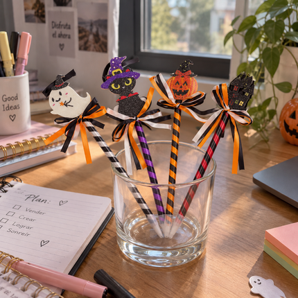 12 Lapiceros Halloween Diamantados y Listones $7.5 c/u