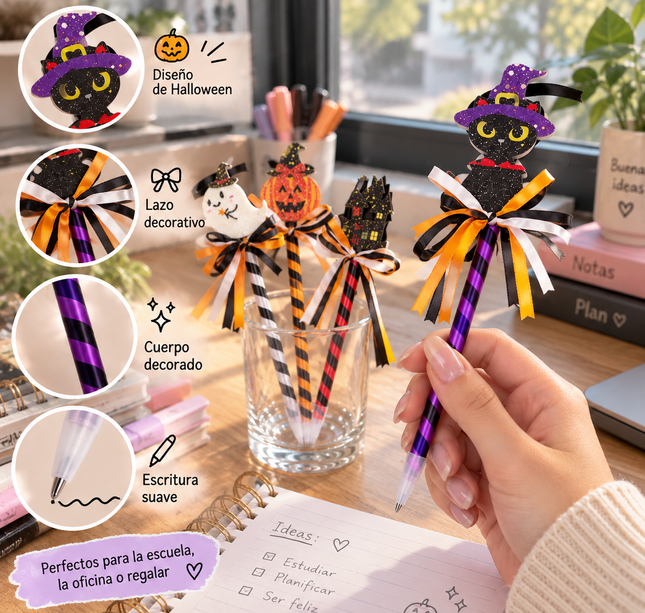 12 Lapiceros Halloween Diamantados y Listones $7.5 c/u