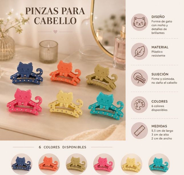 12 Pinzas Gatito con Pedreria Hermosa $10 c/u