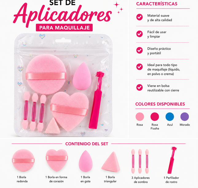 12 Bolsitas de Esponjas para Maquillaje, Perfilador y Aplicadores Corazon $14.5 c/u