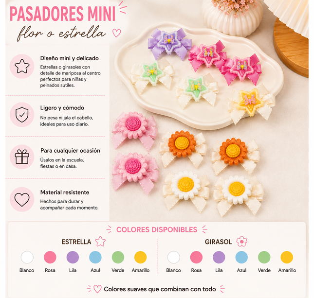 12 Dúos de Pasadores Girasol/Mariposas/Figuras con Moñito Lindo $6.5 c/u
