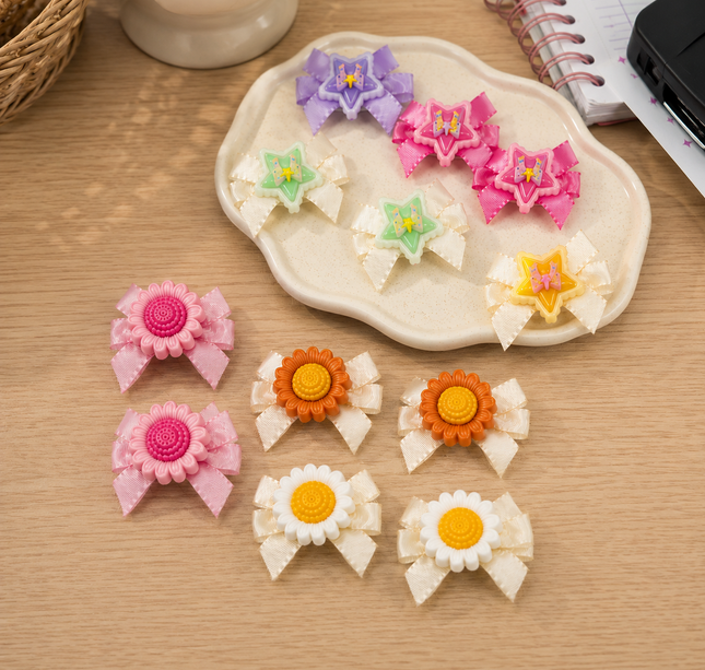 12 Dúos de Pasadores Girasol/Mariposas/Figuras con Moñito Lindo $6.5 c/u