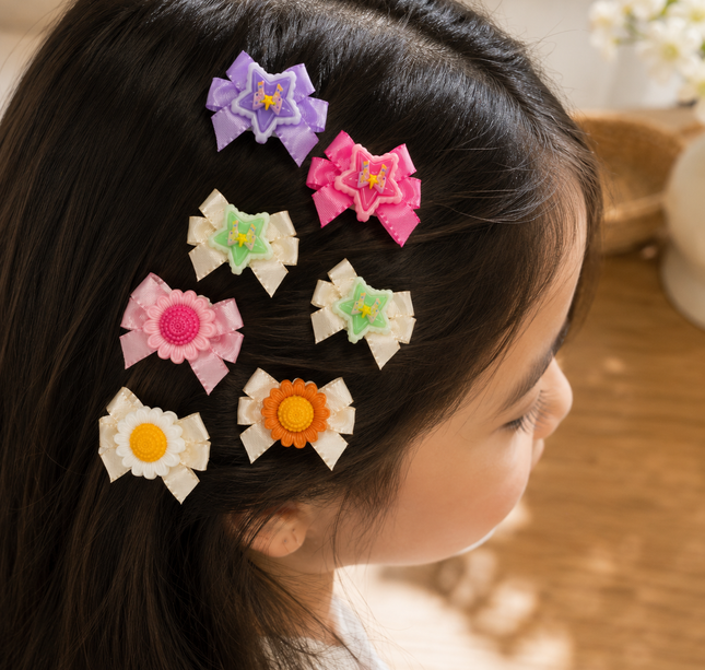 12 Dúos de Pasadores Girasol/Mariposas/Figuras con Moñito Lindo $6.5 c/u
