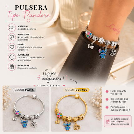 12 Pulsera Tipo Pandora Sticht con Dijes $12.9 c/u
