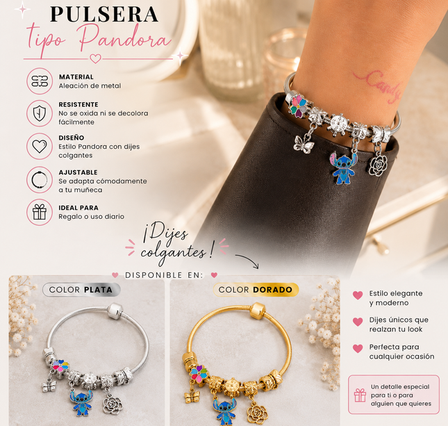 12 Pulsera Tipo Pandora Sticht con Dijes $12.9 c/u