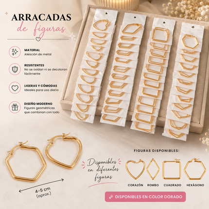 12 Arracadas Doradas de Figuras $6.5 c/u