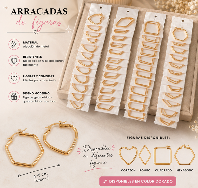 12 Arracadas Doradas de Figuras $6.5 c/u