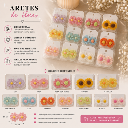 12 Aretes Flores Hermosas 3D Colores $8.9 c/u