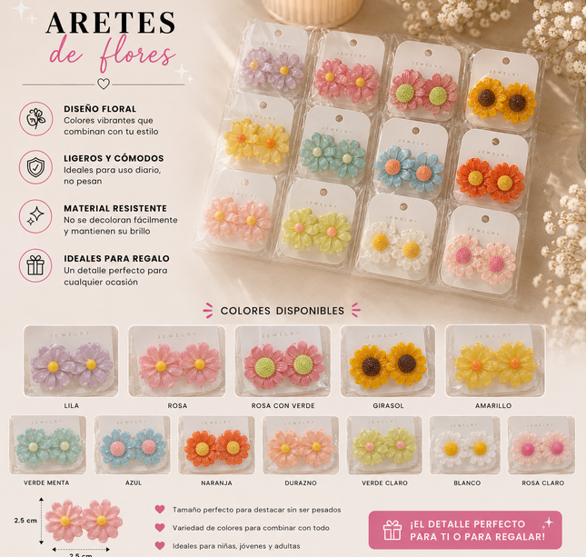 12 Aretes Flores Hermosas 3D Colores $8.9 c/u