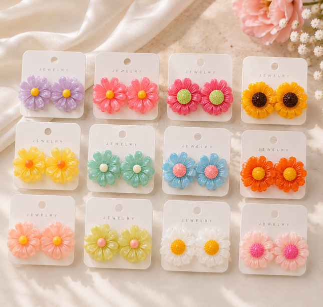 12 Aretes Flores Hermosas 3D Colores $8.9 c/u