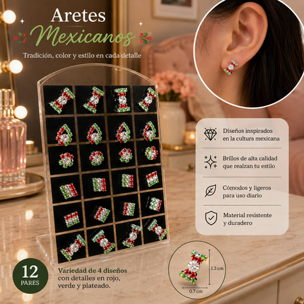 12 Pares de Aretes Tricolor Pedreria $5.9 c/u