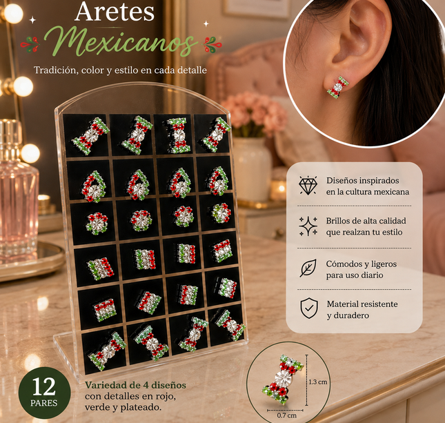 12 Pares de Aretes Tricolor Pedreria $5.9 c/u