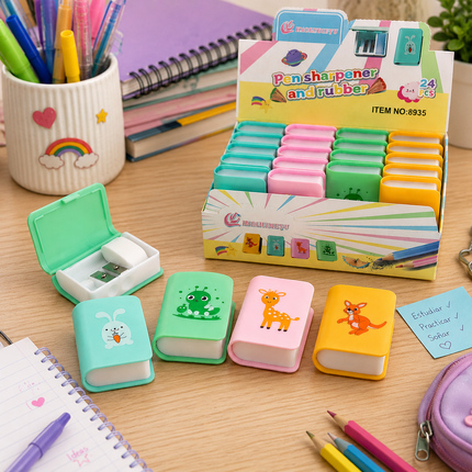 24 Sacapuntas y Gomas en forma de Libro Animalitos $7.5 c/u