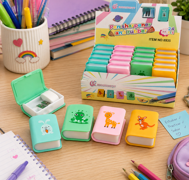 24 Sacapuntas y Gomas en forma de Libro Animalitos $7.5 c/u