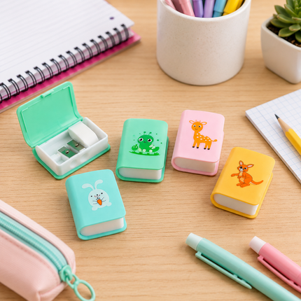 24 Sacapuntas y Gomas en forma de Libro Animalitos $7.5 c/u