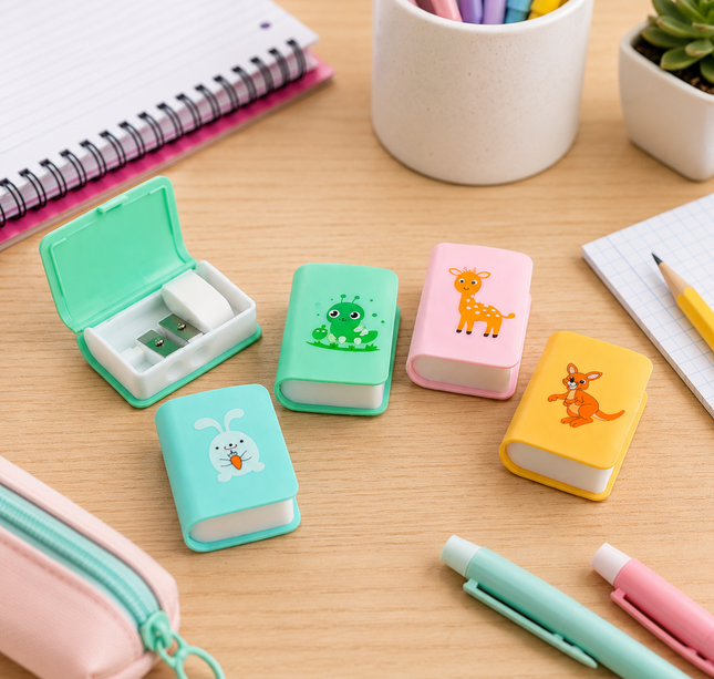 24 Sacapuntas y Gomas en forma de Libro Animalitos $7.5 c/u